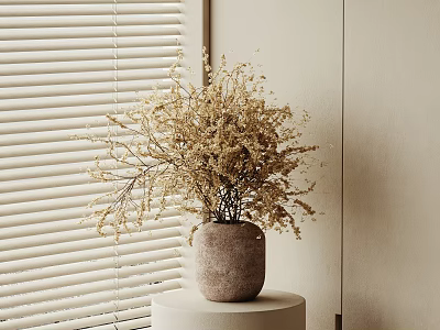 Dried Flowers Arrangement In Clay Vase On White Pedestal Table With Window Blinds Background 3d model