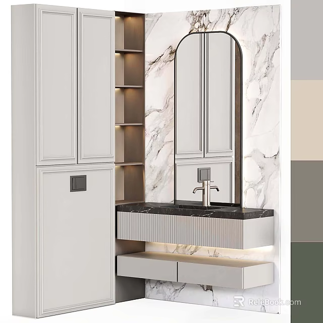 Modern Entryway Cabinet And Side Cabinet With Marble Wall Mirror And Lighting 3d model 