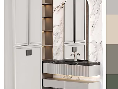 Modern Entryway Cabinet And Side Cabinet With Marble Wall Mirror And Lighting 3d model