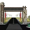 Traditional Farmhouse Entrance Gate With Stone Wood Structure Red Lanterns And Rural Road