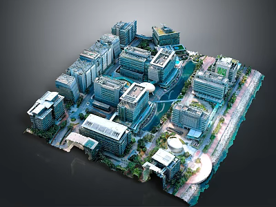 Modern Urban Architecture Complex With Skyscrapers Greenery And Water Features 3d model