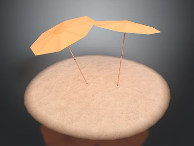 Scenic Landscape With Two Orange Umbrellas On Round Sand And Gray Background 3d model