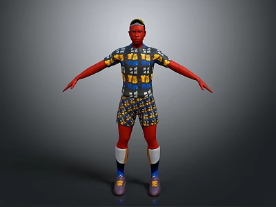 Red Skinned Figure In Intricate Patterned Bodysuit White Socks Colorful Shoes Arms Outstretched Gray Background 3d model