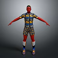 Red Skinned Figure In Intricate Patterned Bodysuit White Socks Colorful Shoes Arms Outstretched Gray Background