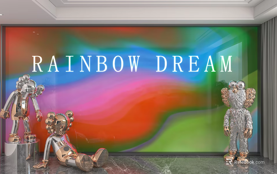 Rainbow Dream Background Wall With Colorful Gradient Colors And Metal Bear Angel Sculptures 3d model 