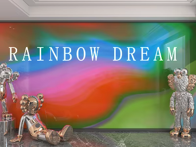 Rainbow Dream Background Wall With Colorful Gradient Colors And Metal Bear Angel Sculptures 3d model