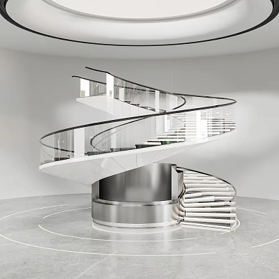 Modern Spiral Staircase With Glass Railings And White Steps In Circular Floor Interior 3d model