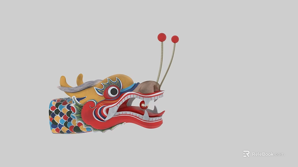Traditional Chinese Dragon Head Decorative Craft With Colorful Patterns And Red Tassels 3d model 
