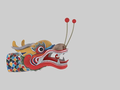 Traditional Chinese Dragon Head Decorative Craft With Colorful Patterns And Red Tassels 3d model