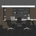 Modern Office Interior Design With Spacious Desk Leather Chairs Bookshelves And Large Windows