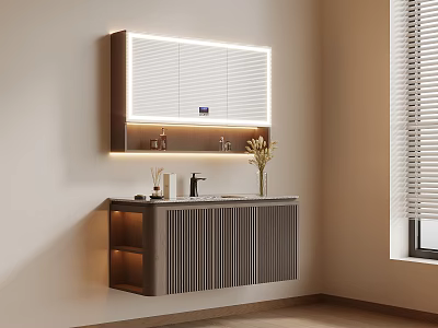 Modern Wall mounted Bathroom Vanity Cabinet with LED lit Mirror Faucet and Toiletries 3d model