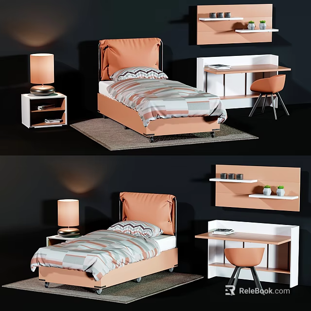 Modern Kids Bed With Upholstered Headboard Patterned Bedding Nightstand Lamp Desk And Chair 3d model 