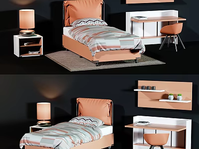Modern Kids Bed With Upholstered Headboard Patterned Bedding Nightstand Lamp Desk And Chair 3d model
