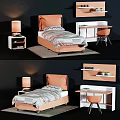 Modern Kids Bed With Upholstered Headboard Patterned Bedding Nightstand Lamp Desk And Chair
