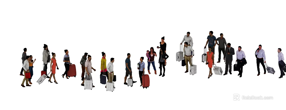 Multiple People Carrying Various Suitcases Walking Together In Travel Scenario 3d model 