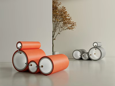 Modern Orange and Grey Lounge Chair with Circular Elements in Leisure Space 3d model