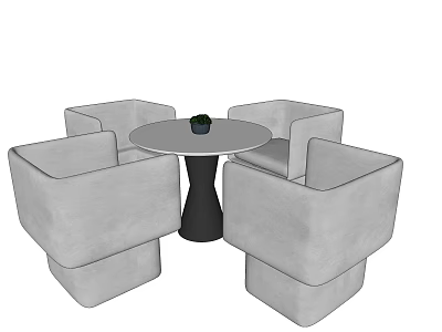 Round Black Base Table and Light Gray Upholstered Square Chairs with Small Potted Plant 3d model