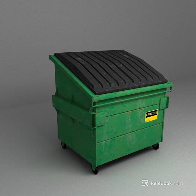 Green Trash Bin With Black Lid On Wheels And Yellow Danger Label 3d model 
