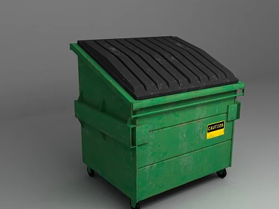 Green Trash Bin With Black Lid On Wheels And Yellow Danger Label 3d model