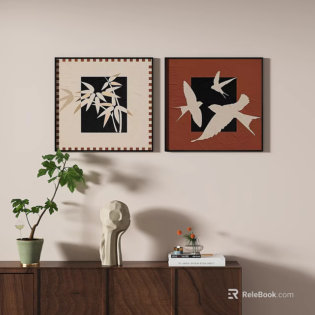 Modern Framed Plant Painting With Black Bamboo Leaves And Beige Background Wall Decor 3d model 