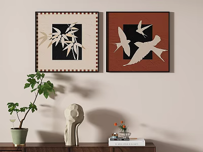 Modern Framed Plant Painting With Black Bamboo Leaves And Beige Background Wall Decor 3d model
