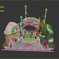 Ornate Interior Scene With Arched Structures Chandeliers Circular Fountain And Colorful Glass Elements