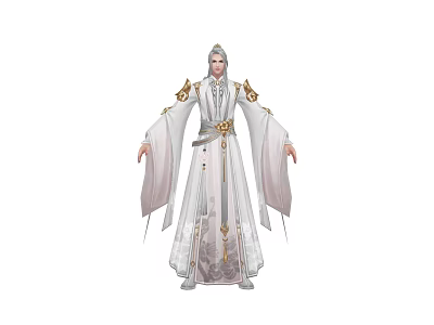 Man With Long Hair In Traditional White Robe With Golden Decorations And Flowing Sleeves 3d model