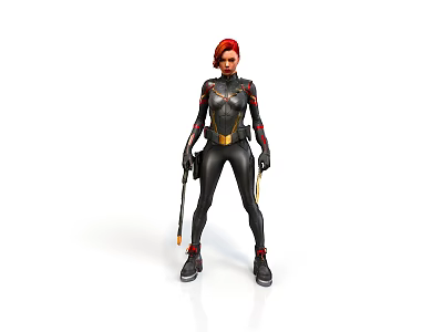 Woman With Red Hair In Black Tight Combat Suit Holding Weapons Standing Upright 3d model