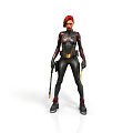 Woman With Red Hair In Black Tight Combat Suit Holding Weapons Standing Upright