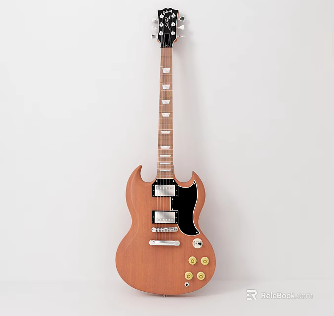 Vintage Electric Guitar Featuring Brown Body Black Panel Wooden Neck And Tuning Pegs 3d model 