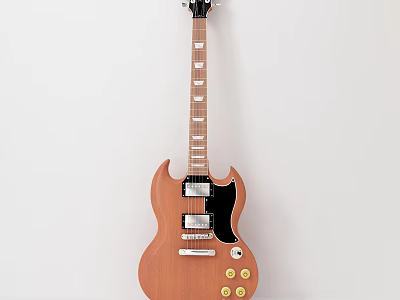 Vintage Electric Guitar Featuring Brown Body Black Panel Wooden Neck And Tuning Pegs 3d model