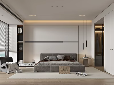 Modern Bedroom Interior With Gray Bed Large Window And Walk In Closet 3d model