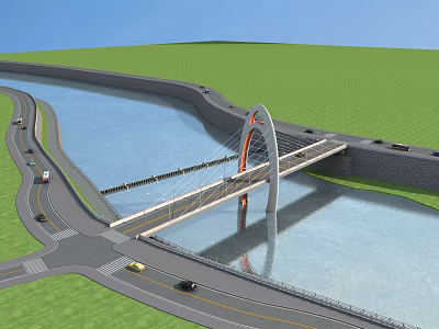 Modern Arch Bridge Design Across River With Green Grassland And Road Vehicles 3d model