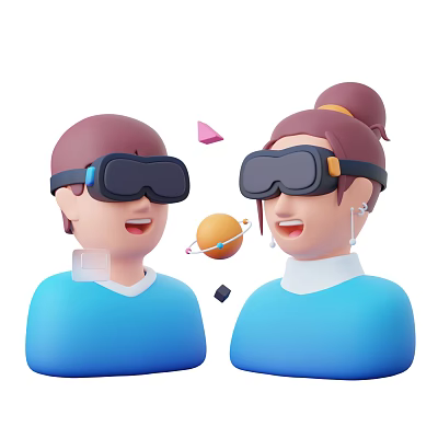 Woman Wearing VR Glasses Enjoying Virtual Reality Experience With Planets And Geometric Shapes 3d model