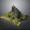 Detailed Mountain Model With Rocky Peak Lighthouse Green Grass Path And Small Buildings