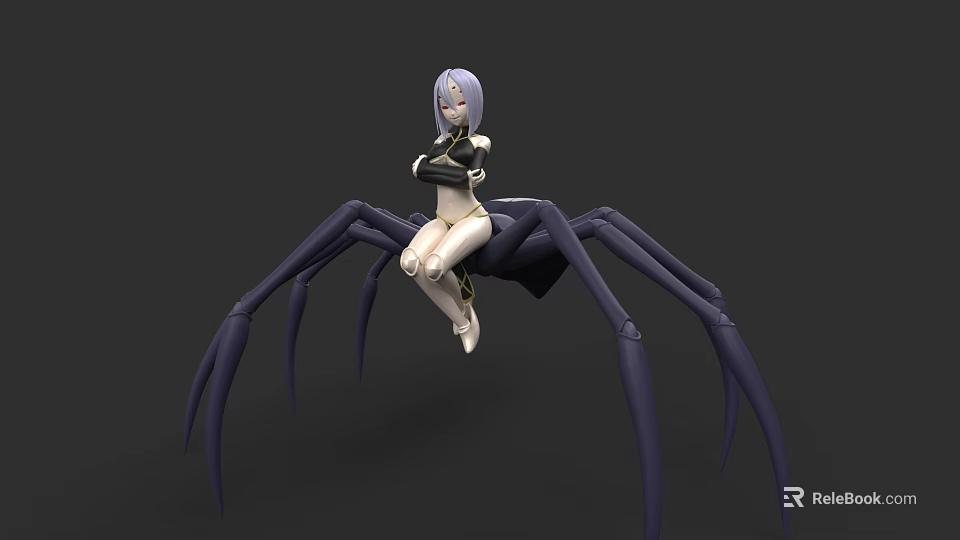 Purple Haired Female Character Sitting On Large Black Spider With Mechanical Legs 3d model 