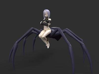 Purple Haired Female Character Sitting On Large Black Spider With Mechanical Legs 3d model
