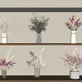 Dried Flower Bouquets In White Gray Glass Vases On Wooden Shelves With Wall Lighting