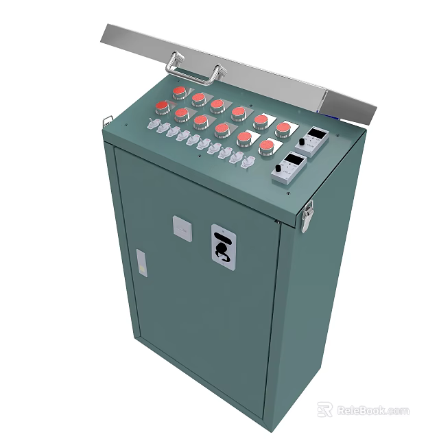 Green Industrial Control Cabinet With Red Buttons White Knobs And Control Panel Interfaces 3d model 