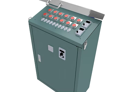 Green Industrial Control Cabinet With Red Buttons White Knobs And Control Panel Interfaces 3d model