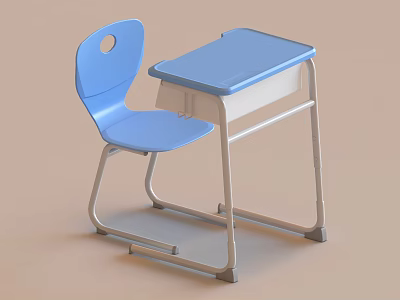 Blue Desk And Chair Set With Metal Frame Plastic Seat And Backrest Hole 3d model