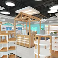 Kids Apparel Specialty Store With Wooden Shelves Bright Lighting And Display Areas