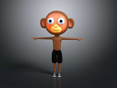 Cartoon Monkey Character 3D Model With Big Eyes Brown Body Black Shorts And Outstretched Arms 3d model