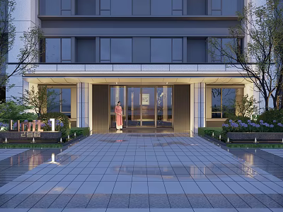 Modern Building Entrance Gate With Glass Doors Steps Greenery And Lighting 3d model