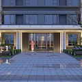 Modern Building Entrance Gate With Glass Doors Steps Greenery And Lighting