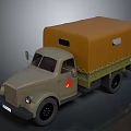 Military Green Truck With Brown Canvas Cover And Red Emblem On Side