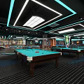 Modern Billiard Room Interior Design With Pool Tables Bar Counter Seating And Lighting