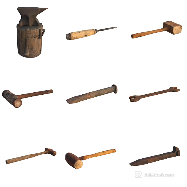 Vintage Hardware Tools Collection Featuring Hammers Wrench Chisel And Wooden Bucket 3d model 