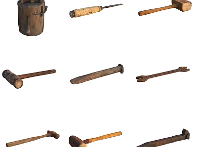 Vintage Hardware Tools Collection Featuring Hammers Wrench Chisel And Wooden Bucket 3d model