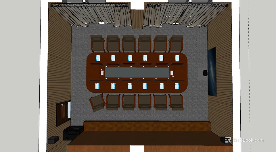 Spacious Conference Room With Large Wooden Table Surrounding Chairs And Projection Screen 3d model 